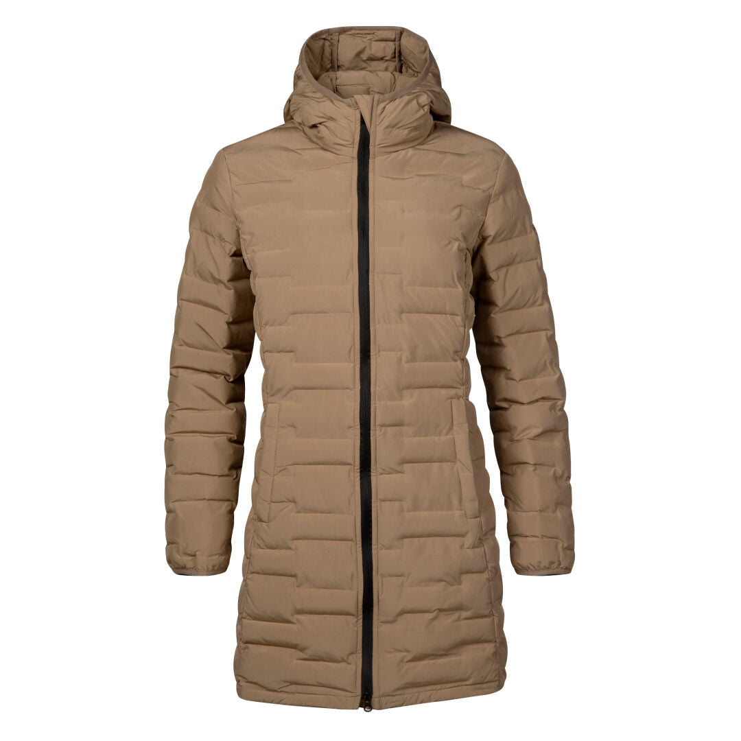 Halti Muras Dam Täckjacka: brun, lång puffer med huva, dunliknande isolering, tillverkad av återvunnen polyester.
