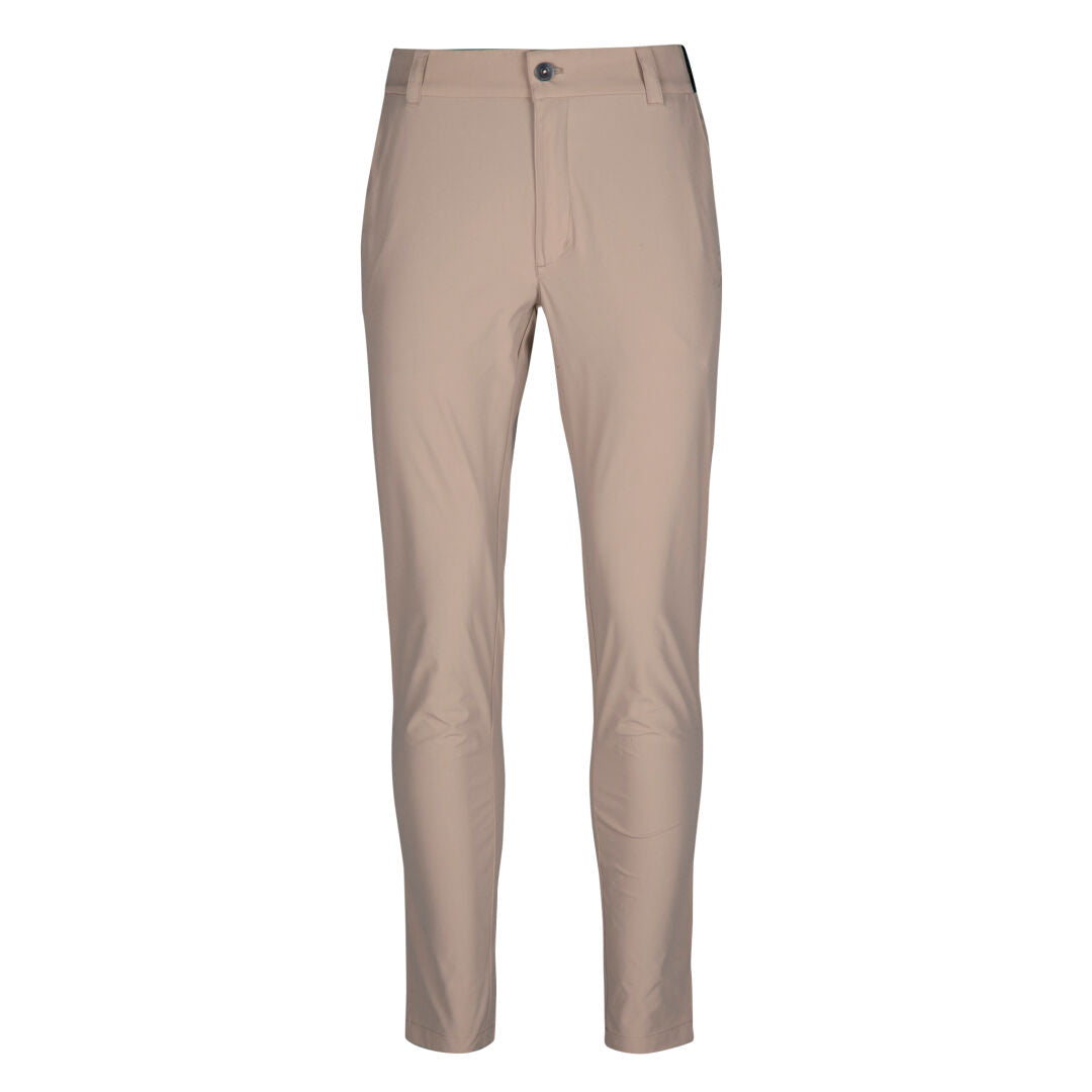 Halti Drive X-stretch chinos i beige, smal passform med knapp- och dragkedja, framifrån mot vit bakgrund.