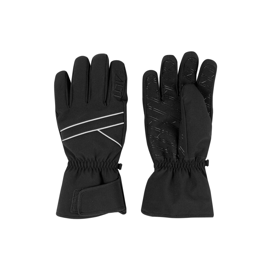 Ett par Halti Rosso Skidhandskar svarta vinterhandskar med reflexlinjer och justerbara handledsremmar, handflatan upp/ned.