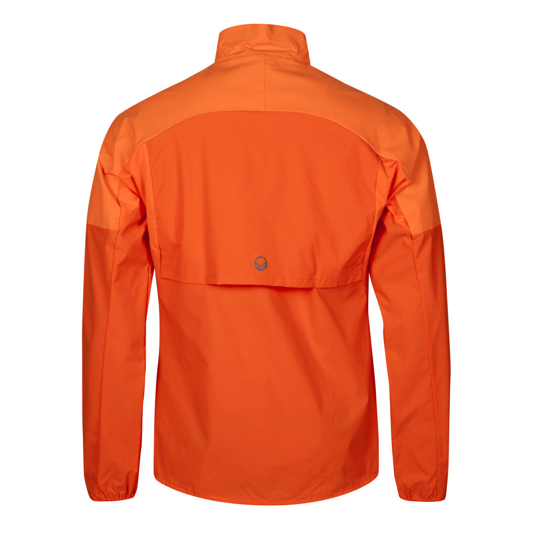 En klarorange Halti Urbanite Herr Träningsjacka visas bakifrån med ventilation och en liten reflexlogotyp.