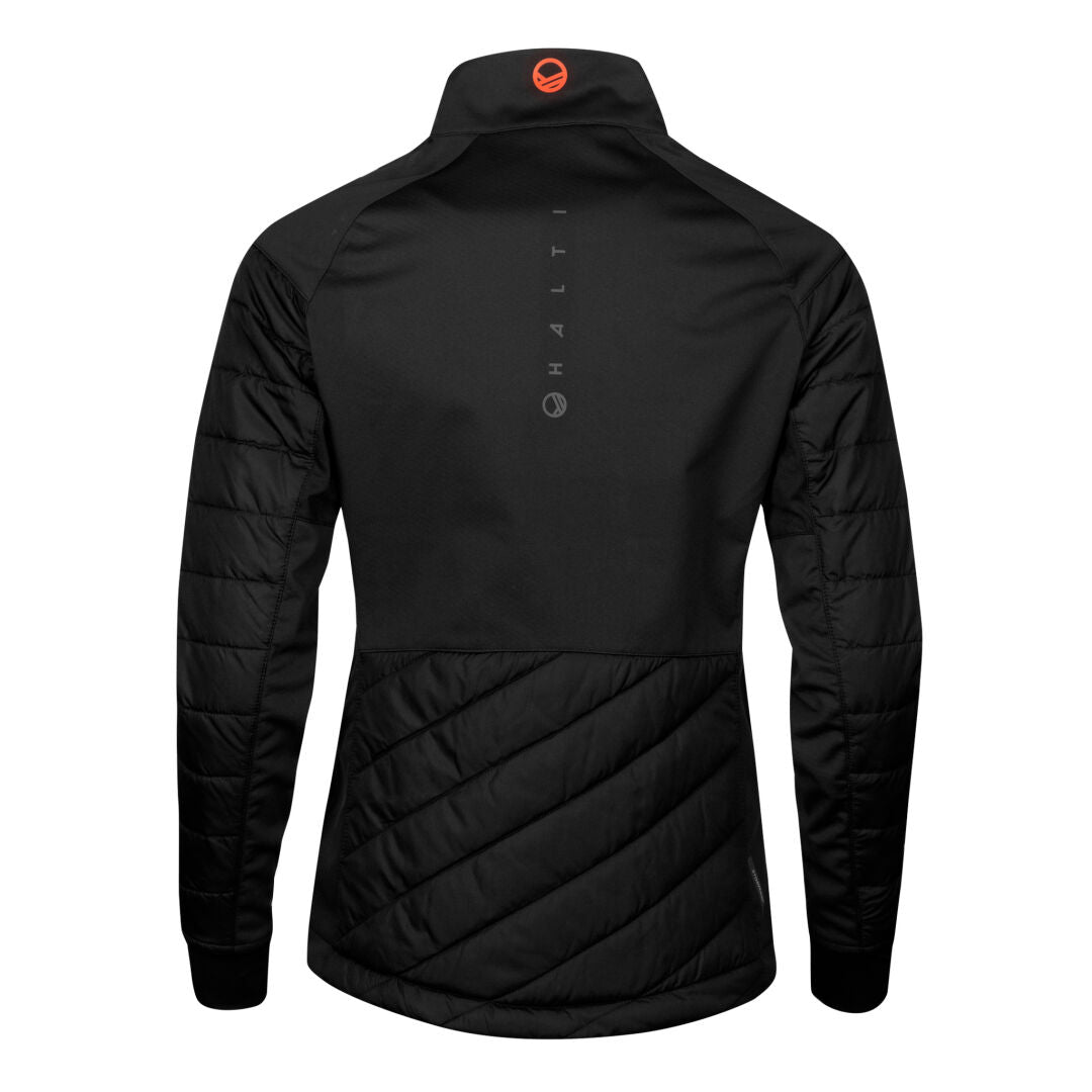 Halti Tripla II Dam Längdskidjacka: svart quiltad jacka med ståkrage, återvunnen polyester, rygglogotyp.