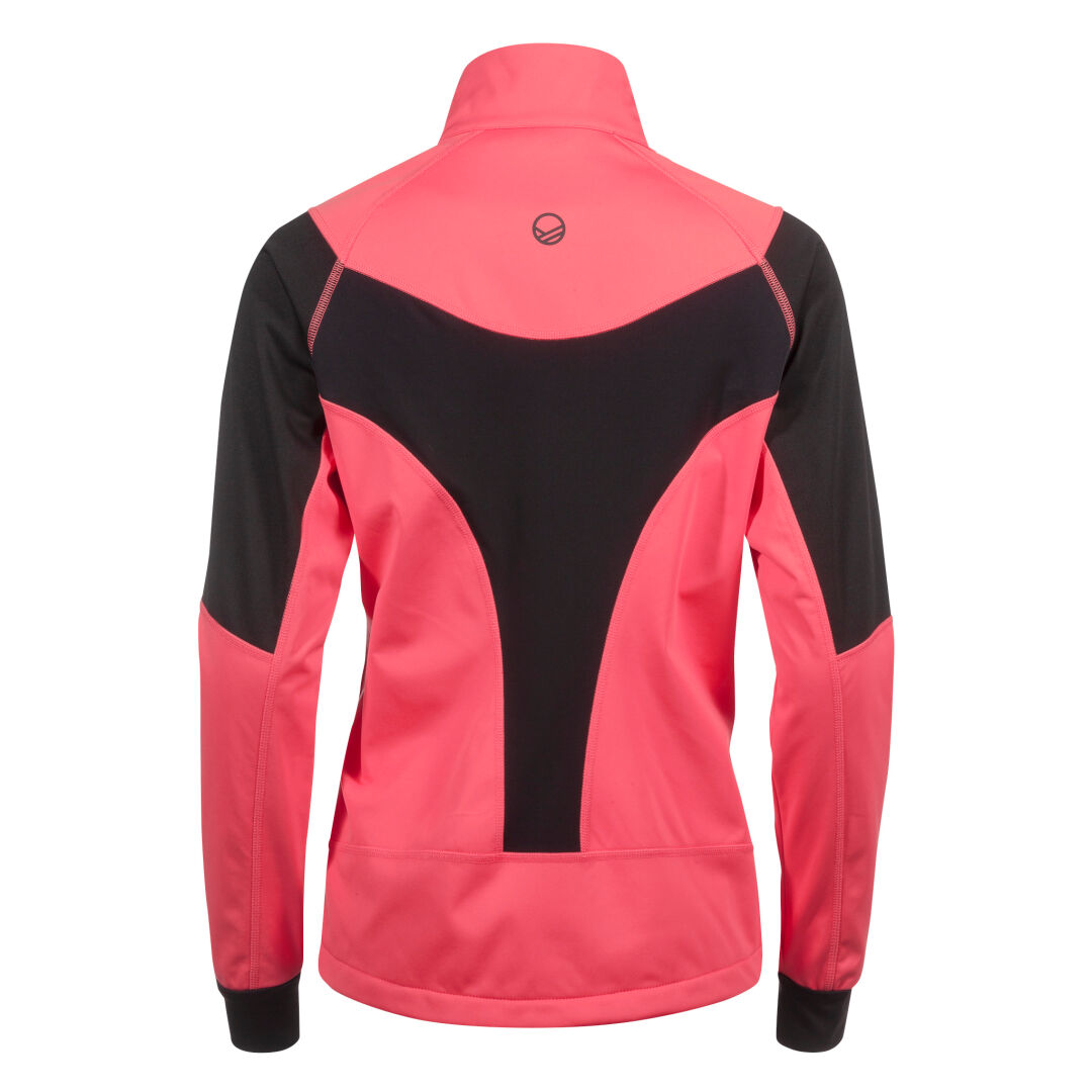 Baksidan av Nietos Plus Dam Längdskiddräkt från Halti i rosa Stormwall® med svarta paneler och hög krage.